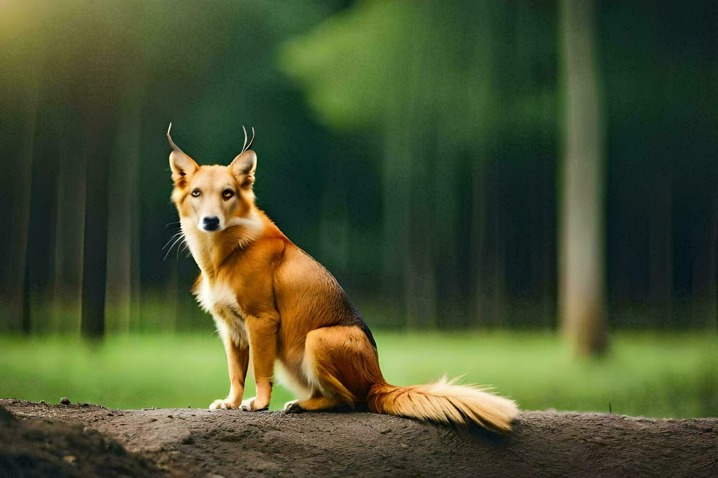 a dog sitting on a log in the forest. AI-Generated photo