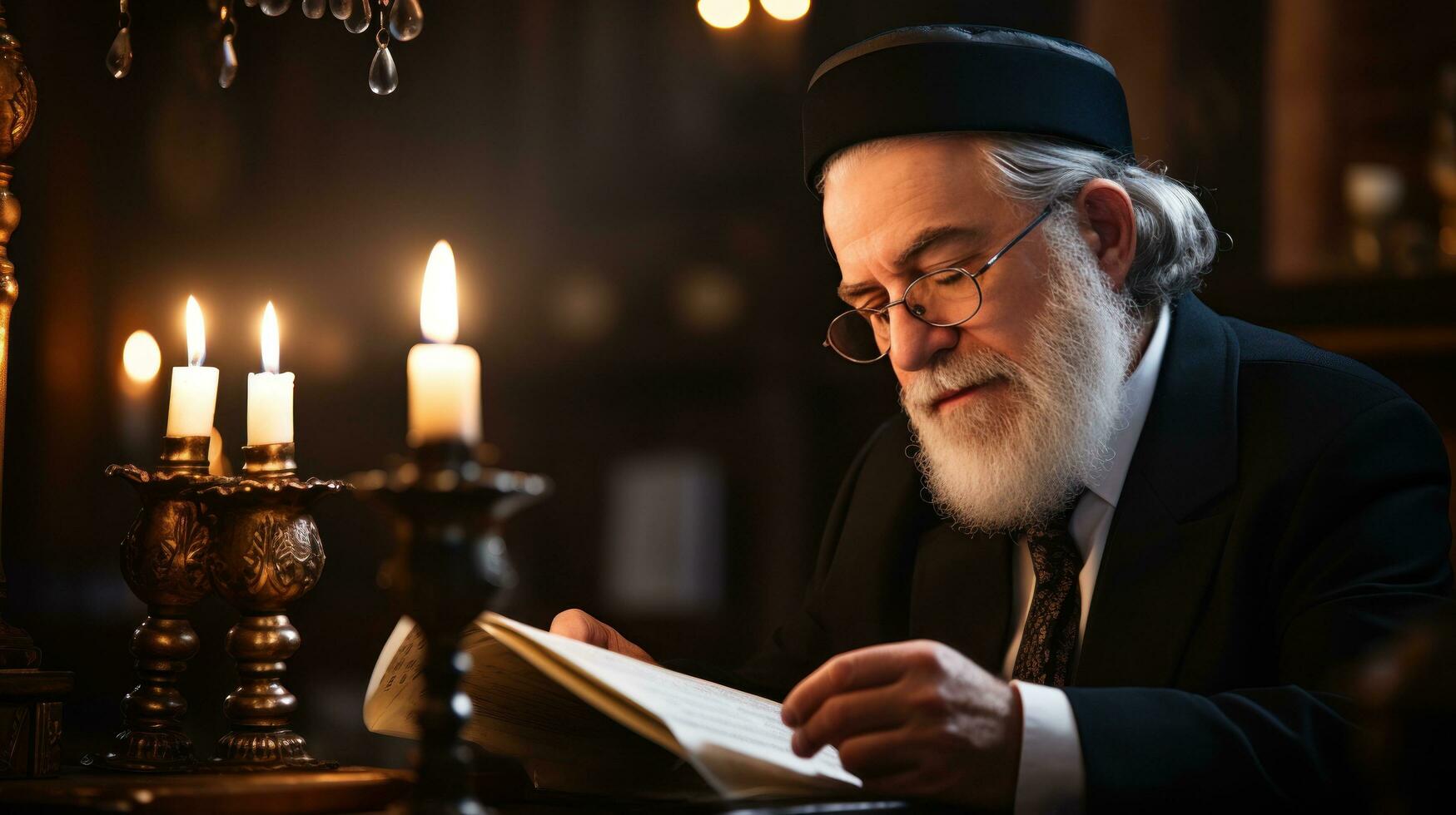 rabino leyendo Tora en sinagoga en Janucá foto