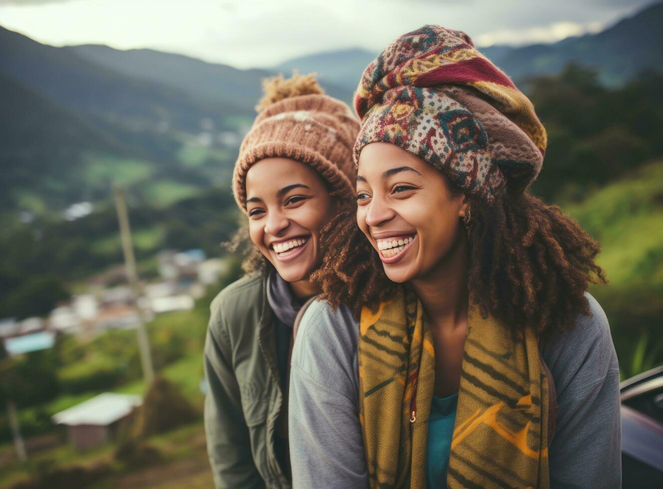 two friends holding a beanie and smiling photo