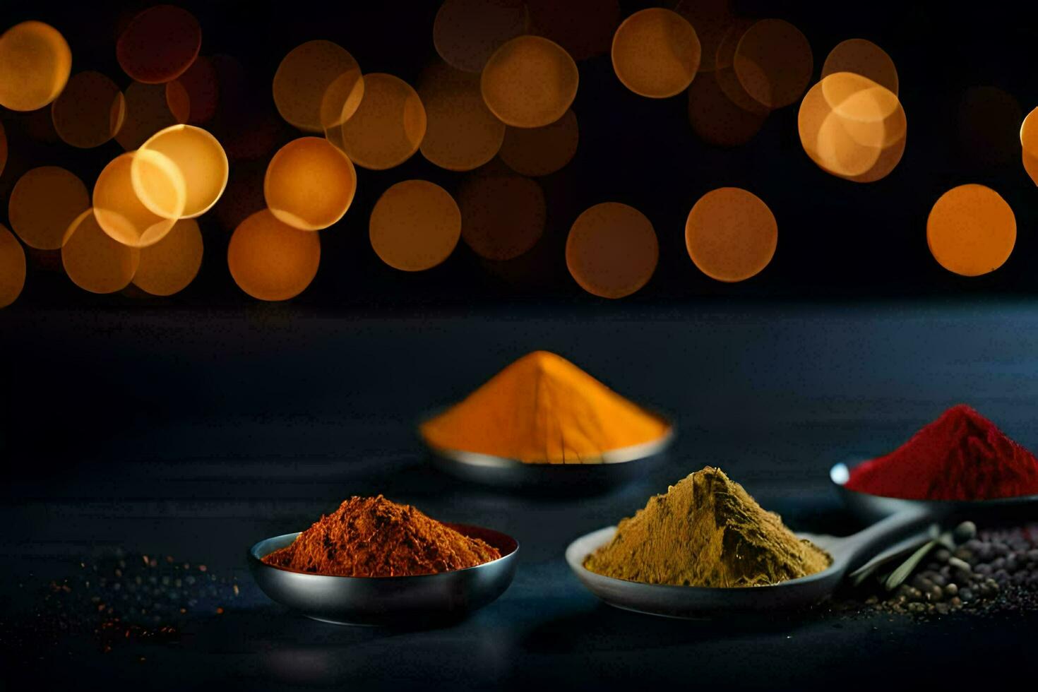 spices in bowls on a table with bokeh lights. AI-Generated photo