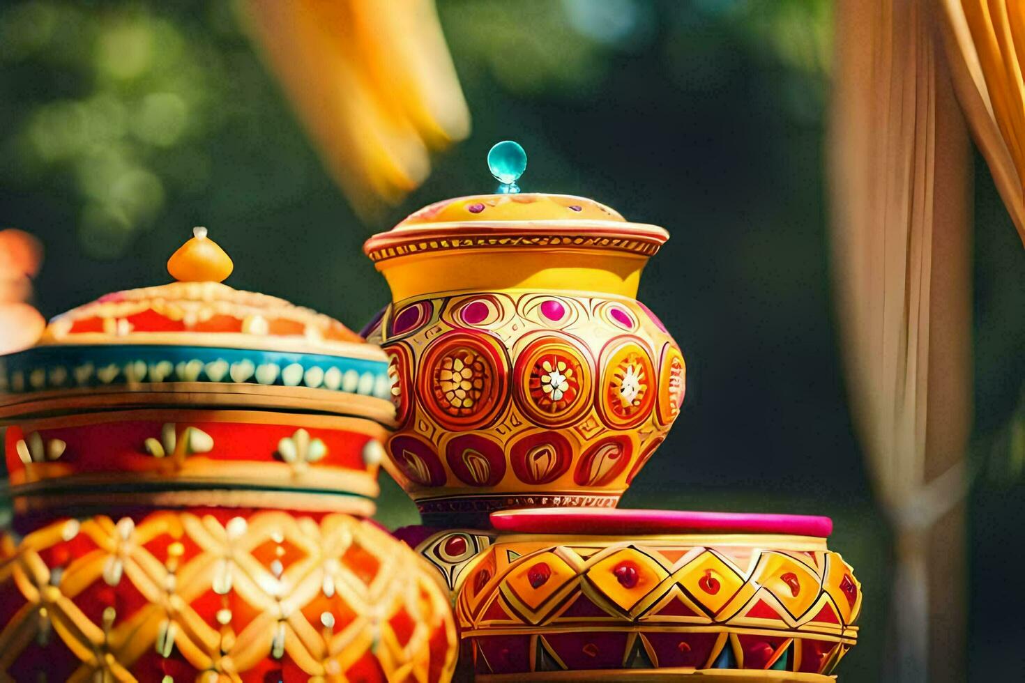 colorful pots and vases are sitting on top of each other. AI-Generated photo