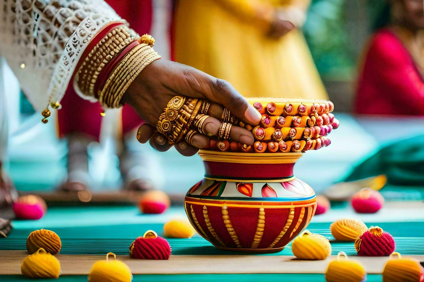 a woman holding a pot with colorful beads on it. AI-Generated photo