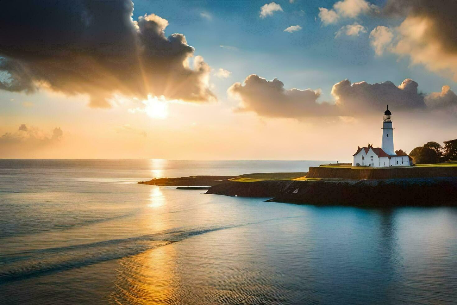 a lighthouse sits on a small island in the ocean. AI-Generated photo