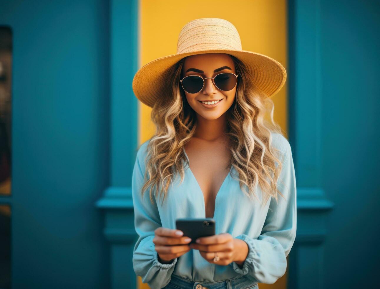 young happy woman holding a smartphone in hand outside a shopping stock image photo