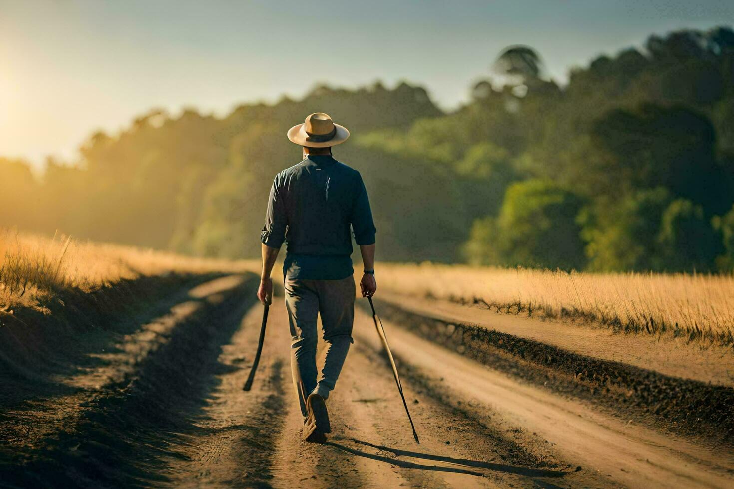 un hombre caminando en un suciedad la carretera con un caña. generado por ai foto