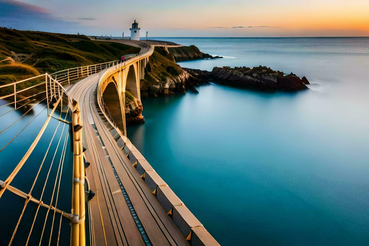 a long exposure photo of a bridge over the ocean. AI-Generated