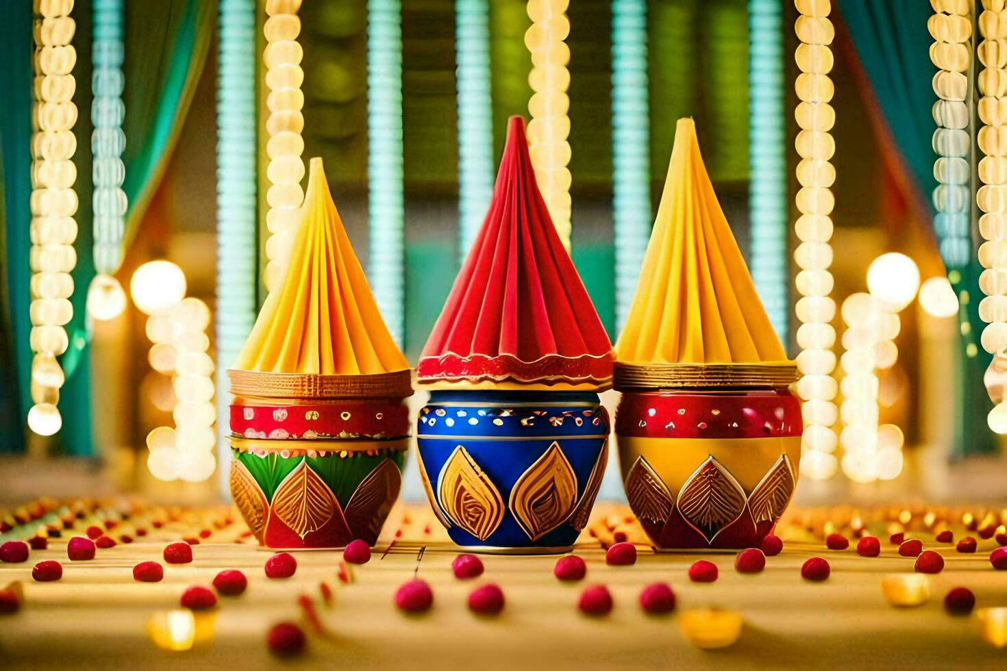 three colorful vases with colorful decorations on a table. AI-Generated photo