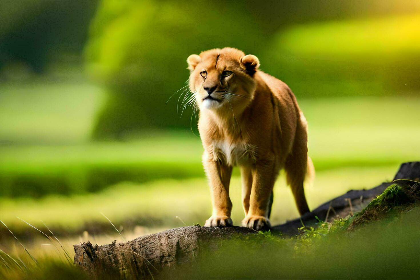a lion standing on a log in the middle of a field. AI-Generated photo