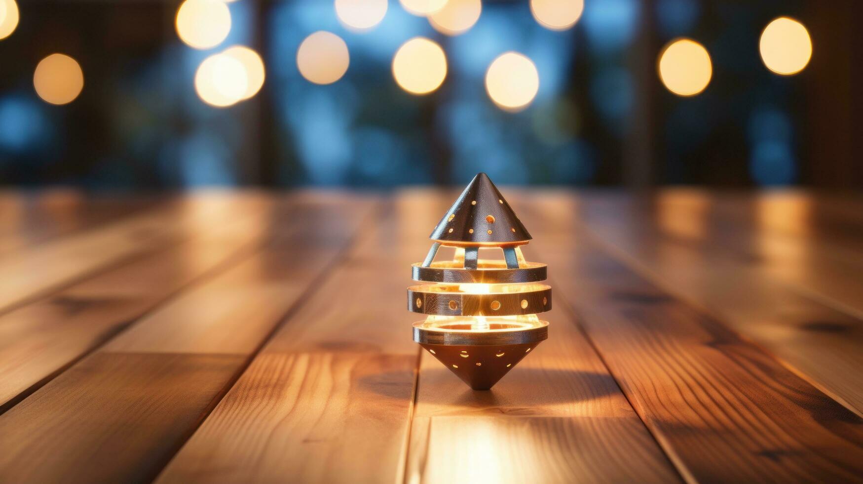 Dreidel spinning on wood floor with blurred lights photo