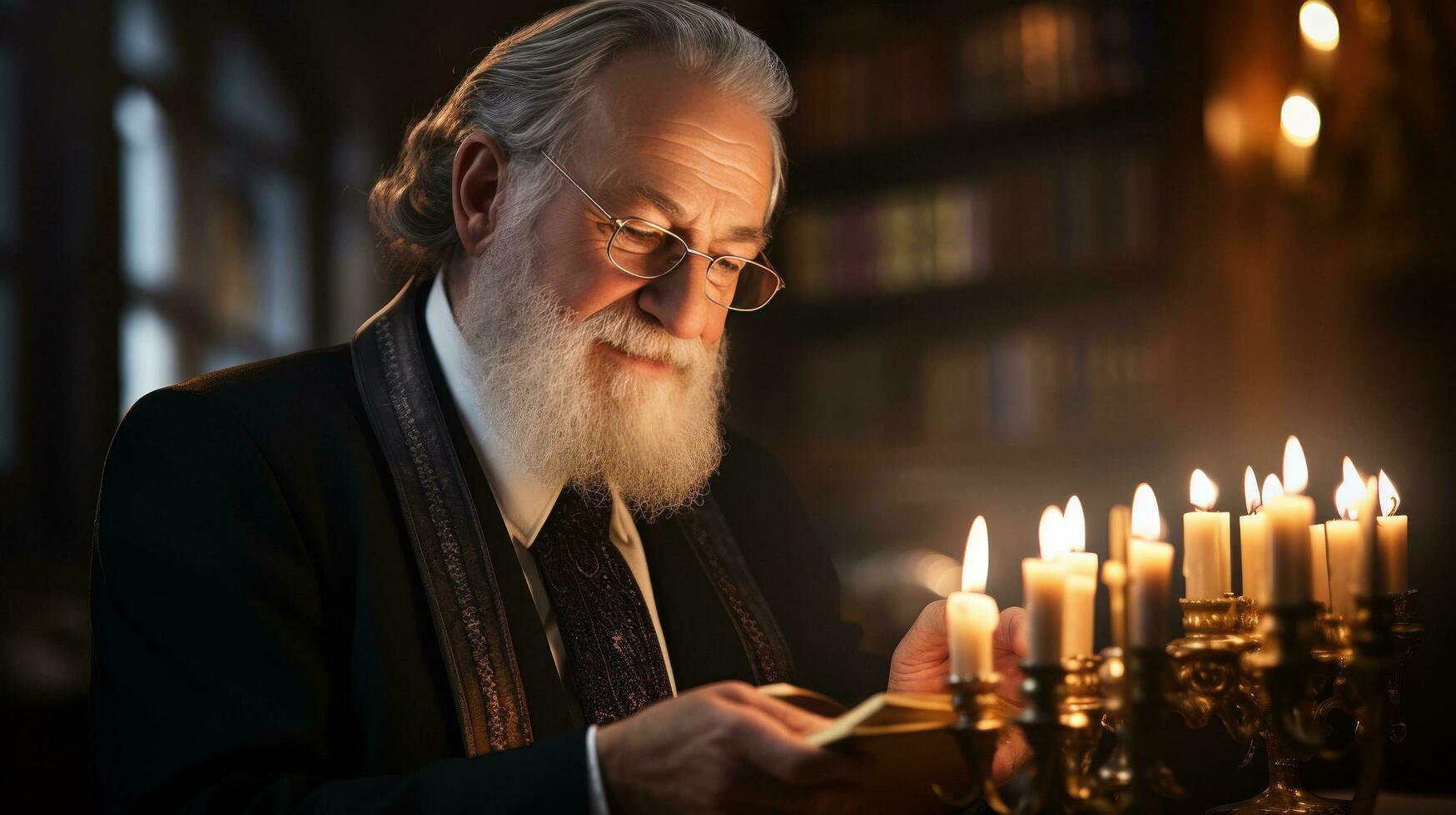 Rabbi reading Torah in synagogue on Hanukkah photo