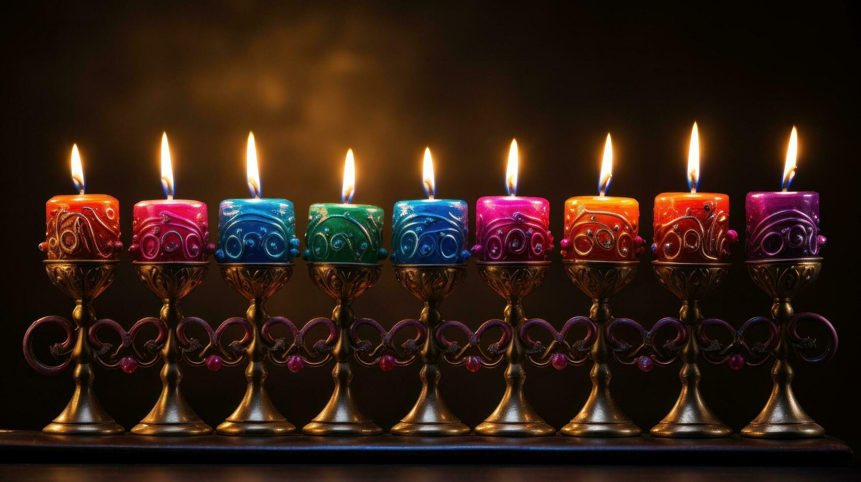 Menorah with colorful candles against dark background photo