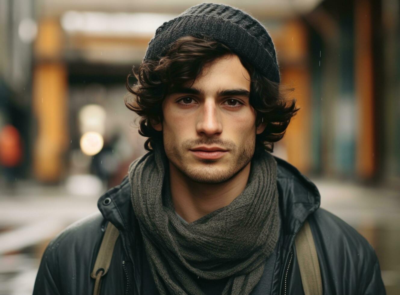 young man in winter and scarves on blue background with snow falling from the sky photo