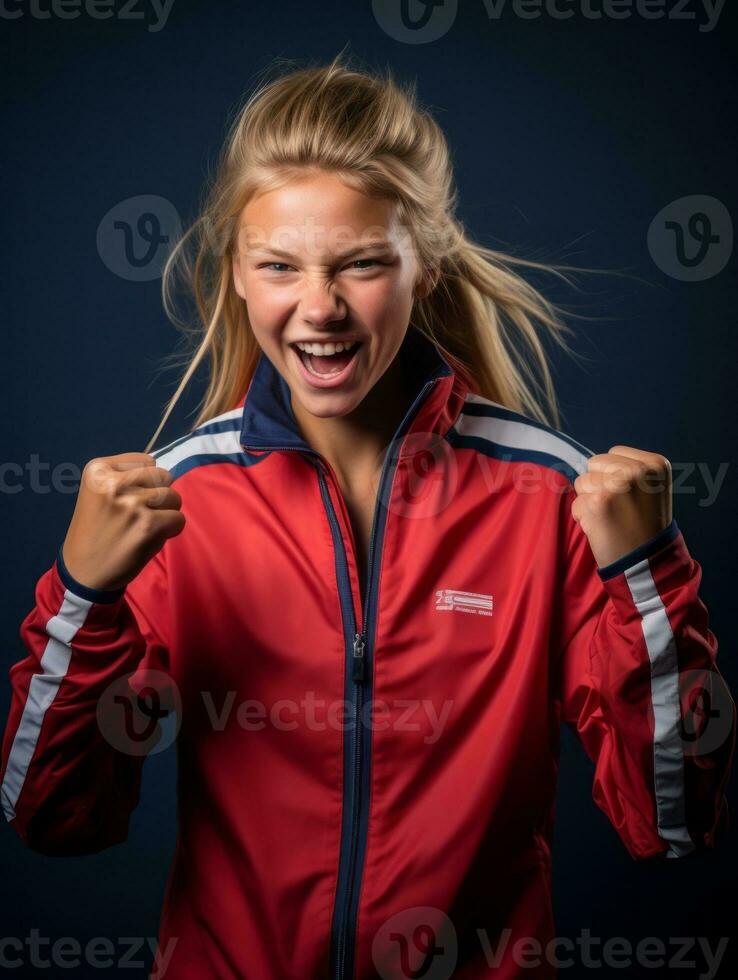 joven europeo mujer vestido en ropa de deporte claramente activo y lleno de energía ai generativo foto