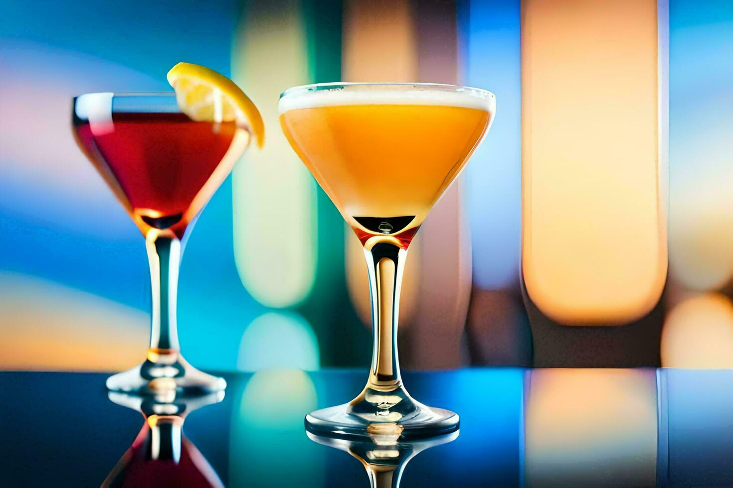 two glasses of cocktails on a table with colorful background. AI-Generated photo