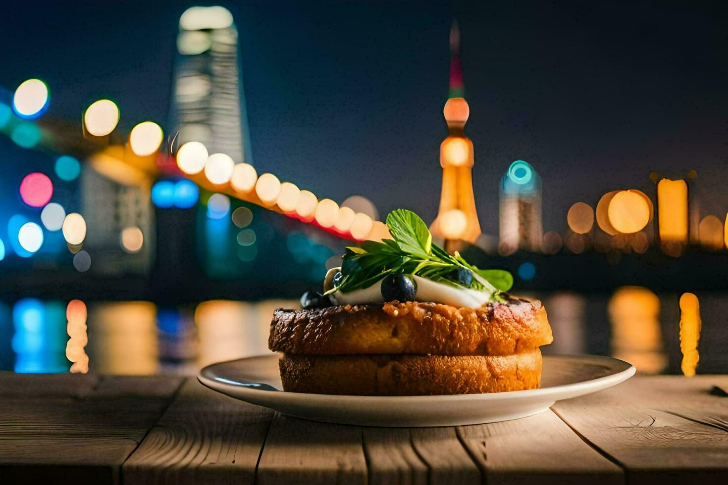 a plate of food with a view of the city. AI-Generated photo