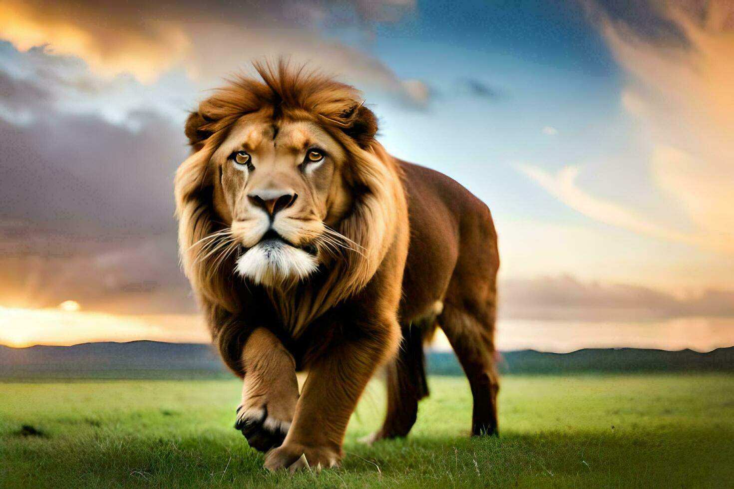 a lion walking across a field at sunset. AI-Generated photo