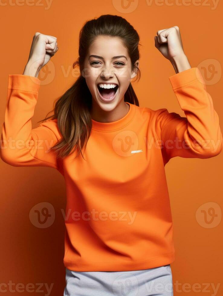 joven europeo mujer vestido en ropa de deporte claramente activo y lleno de energía ai generativo foto