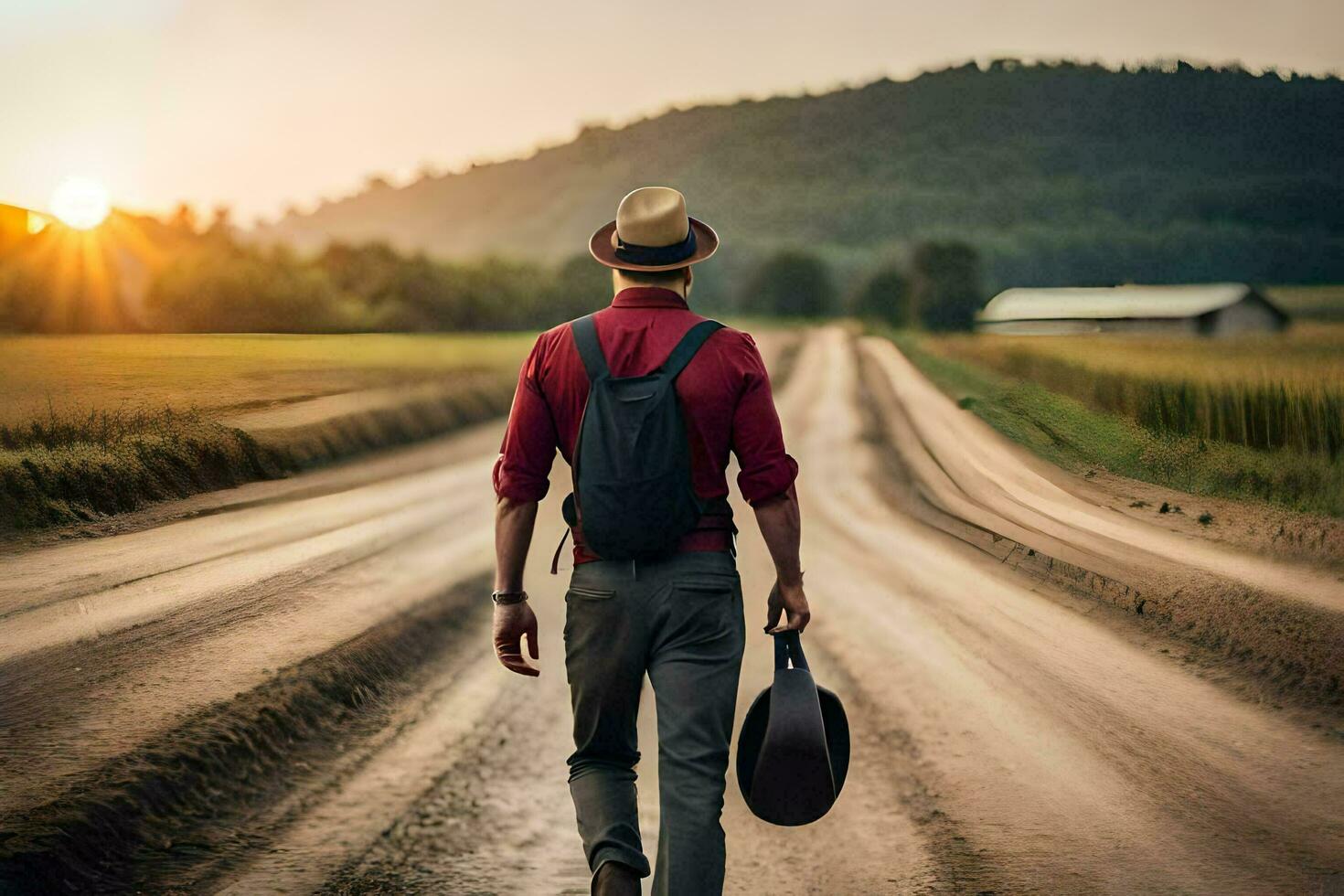 un hombre con un sombrero y mochila caminando abajo un suciedad la carretera. generado por ai foto