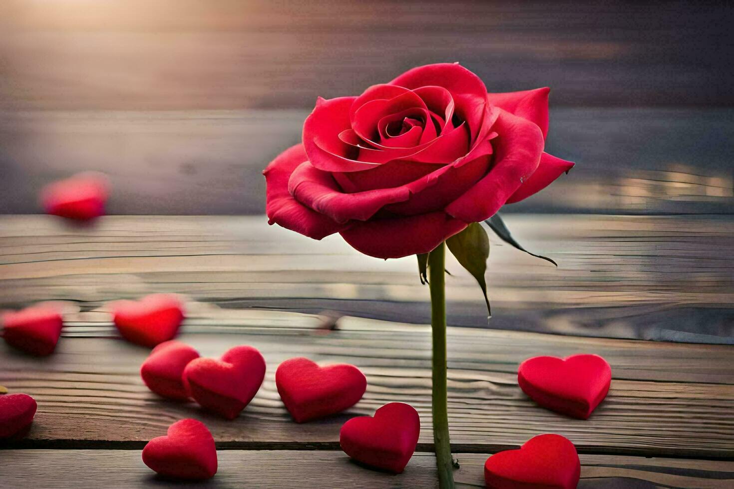 a single red rose on a wooden table surrounded by hearts. AI-Generated photo