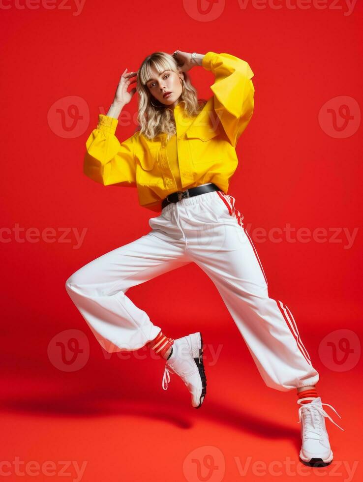 joven europeo mujer vestido en ropa de deporte claramente activo y lleno de energía ai generativo foto