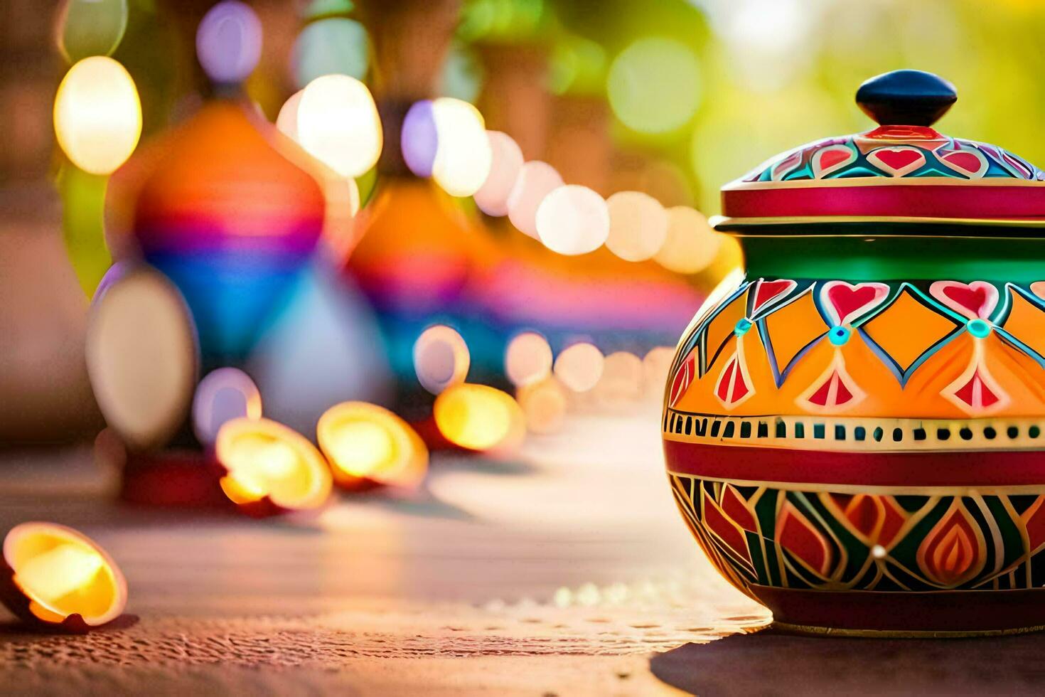 a colorful pot with a candle in it. AI-Generated photo