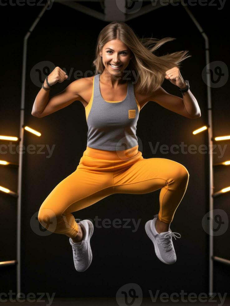 Young European woman dressed in sportswear clearly active and full of energy AI Generative photo