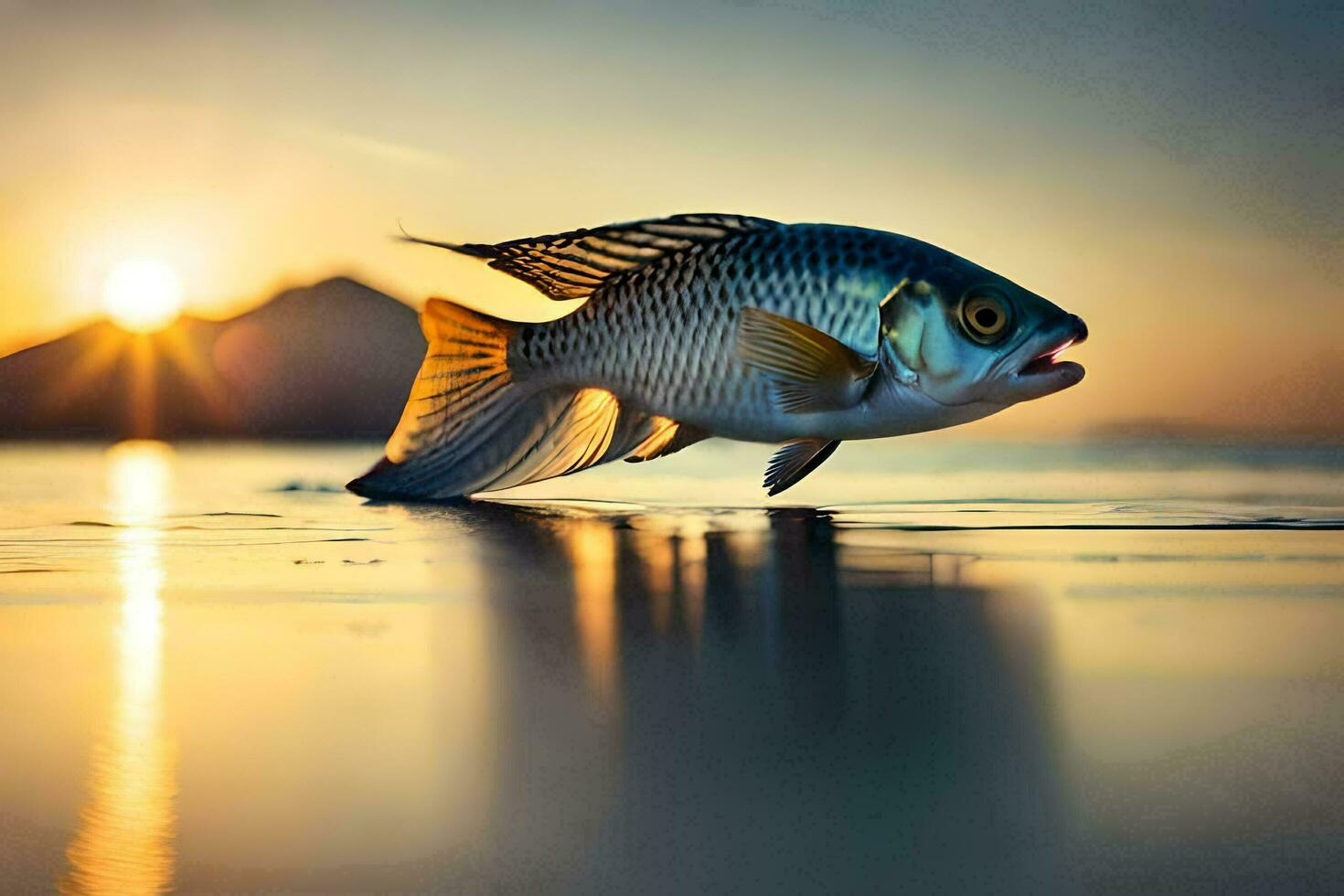 un pescado es nadando en el playa a puesta de sol. generado por ai foto