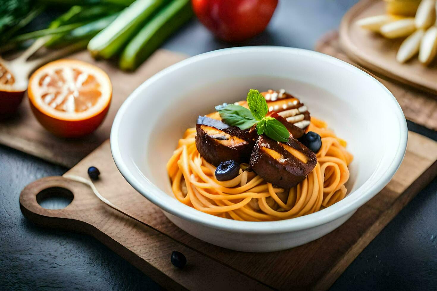 a bowl of spaghetti with meat and vegetables. AI-Generated photo