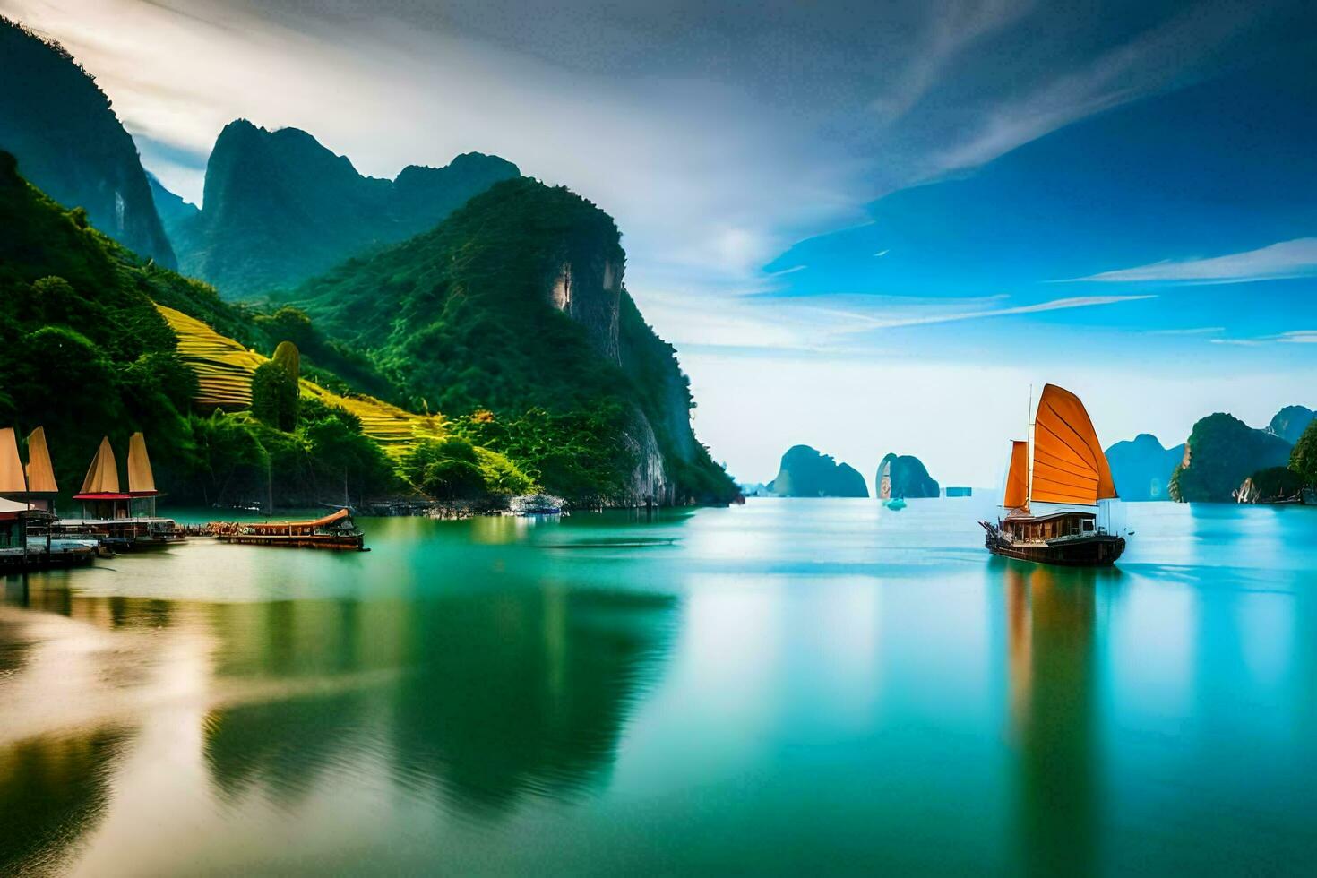 boats in the water near mountains. AI-Generated photo
