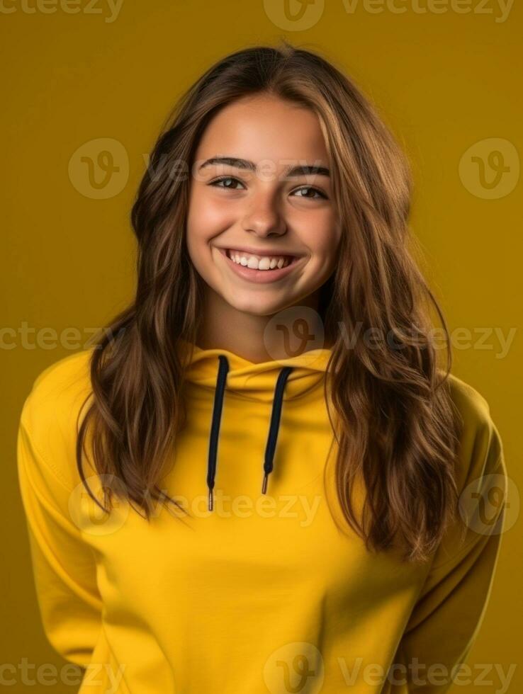 joven europeo mujer vestido en ropa de deporte claramente activo y lleno de energía ai generativo foto