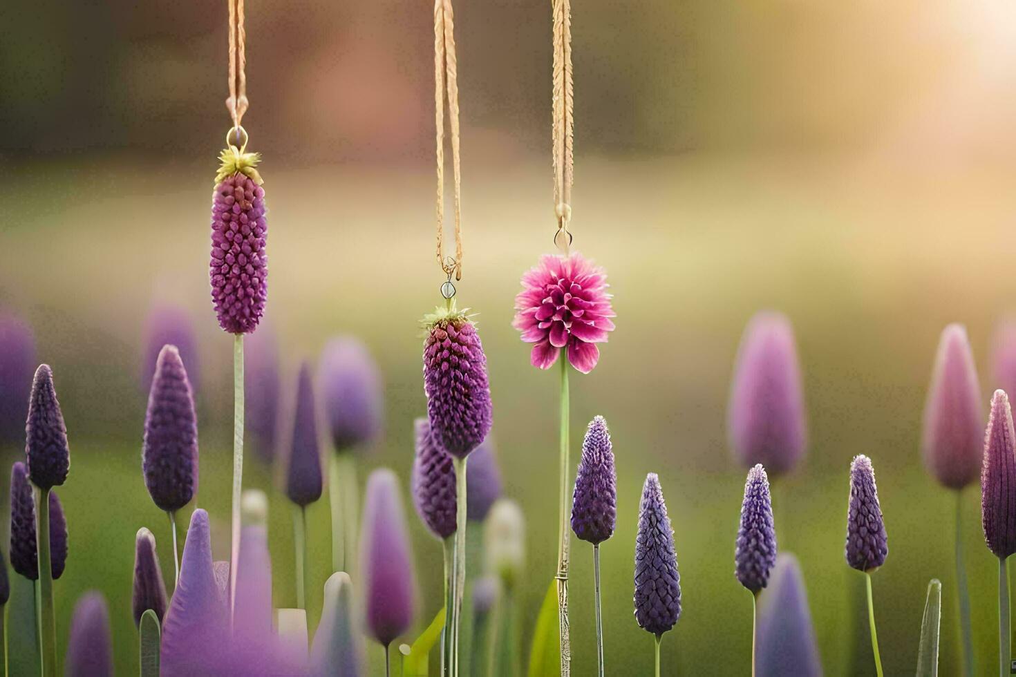 púrpura flores colgando desde un collar en un campo. generado por ai foto