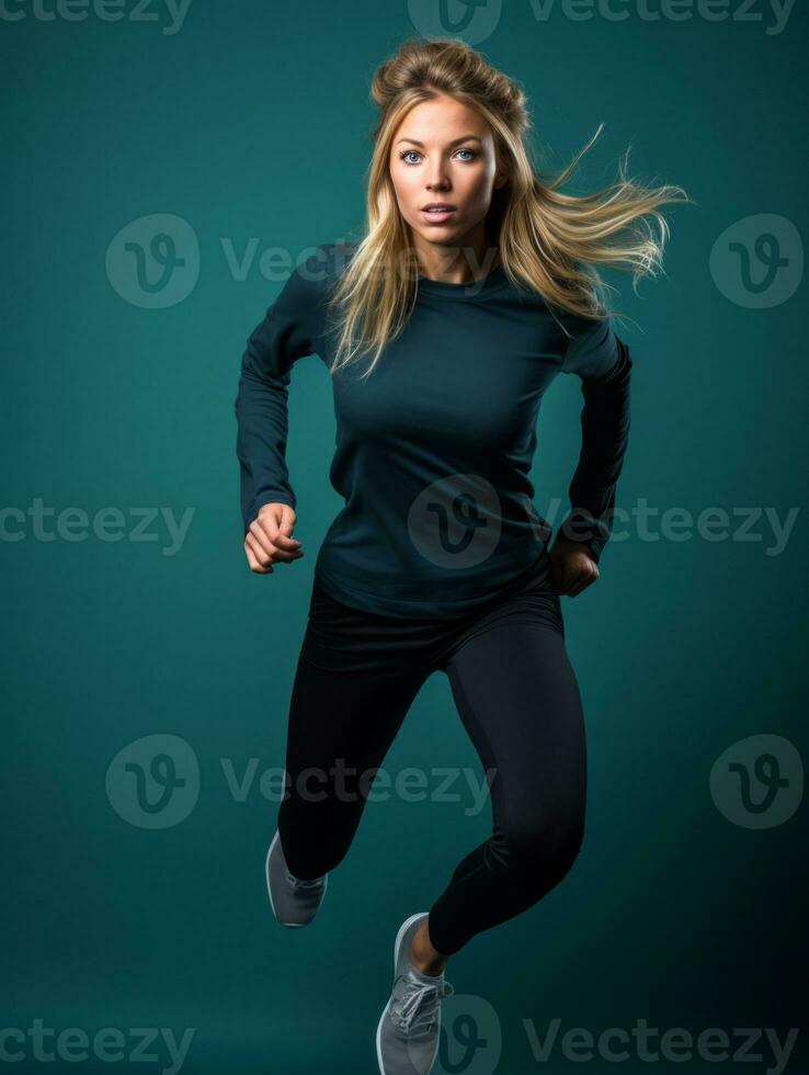 joven europeo mujer vestido en ropa de deporte claramente activo y lleno de energía ai generativo foto