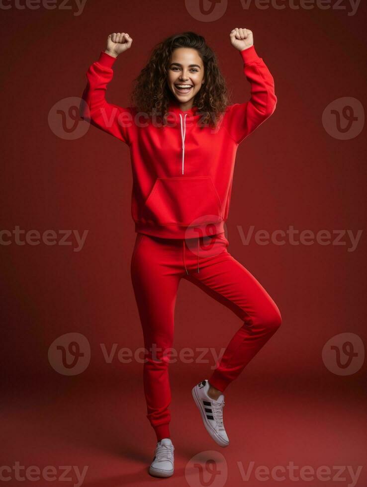 joven europeo mujer vestido en ropa de deporte claramente activo y lleno de energía ai generativo foto