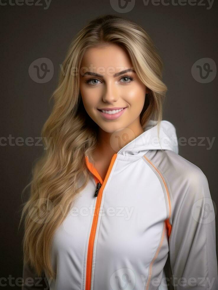 Young European woman dressed in sportswear clearly active and full of energy AI Generative photo