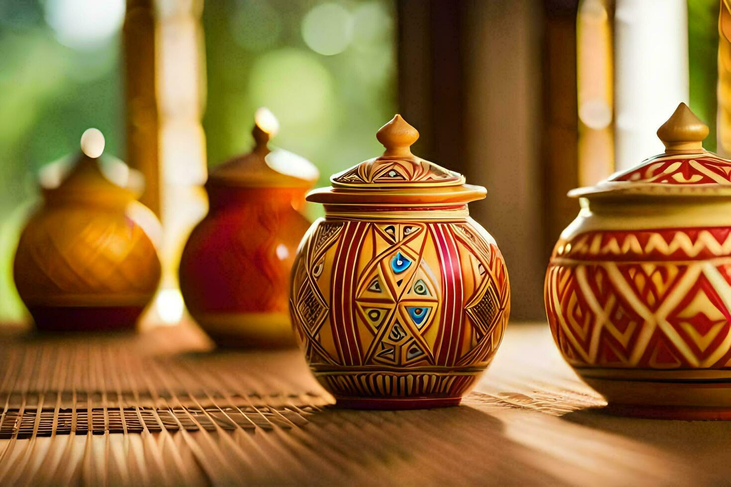three colorful ceramic jars sitting on a table. AI-Generated photo