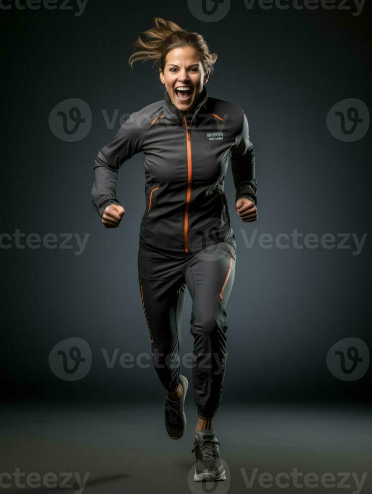 joven europeo mujer vestido en ropa de deporte claramente activo y lleno de energía ai generativo foto