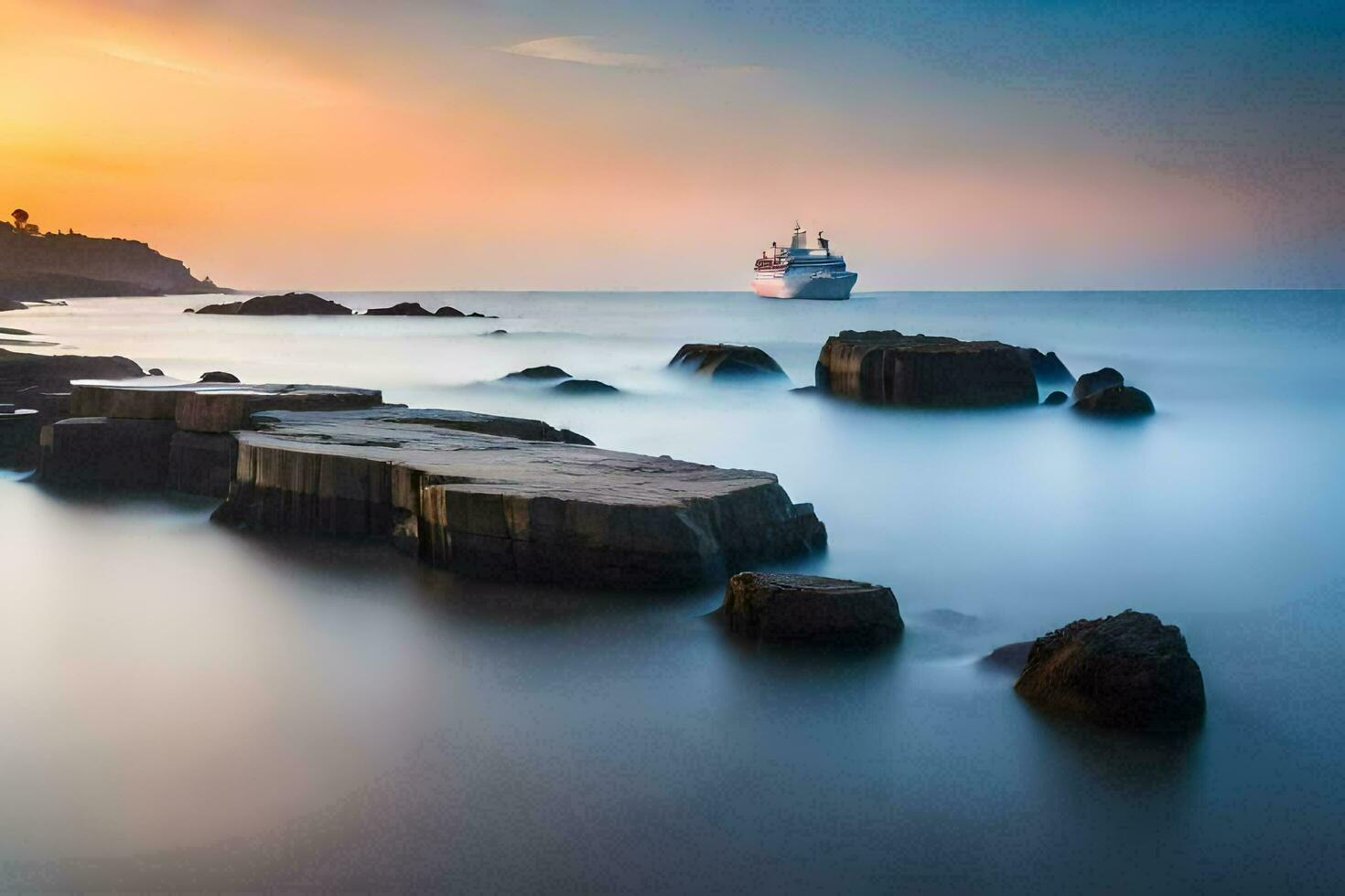 un crucero Embarcacion es navegación a lo largo el costa a puesta de sol. generado por ai foto