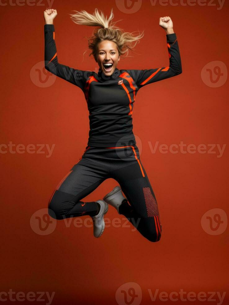 joven europeo mujer vestido en ropa de deporte claramente activo y lleno de energía ai generativo foto