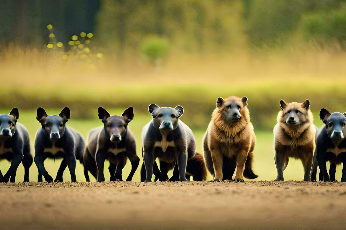 a group of dogs standing in a line. AI-Generated photo