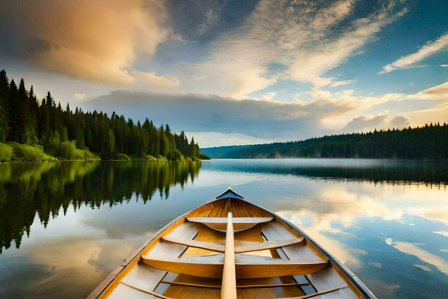 a canoe is floating on the calm waters of a lake. AI-Generated photo