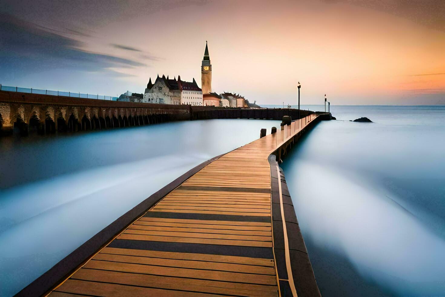 a long exposure photo of a pier with a church tower in the background. AI-Generated