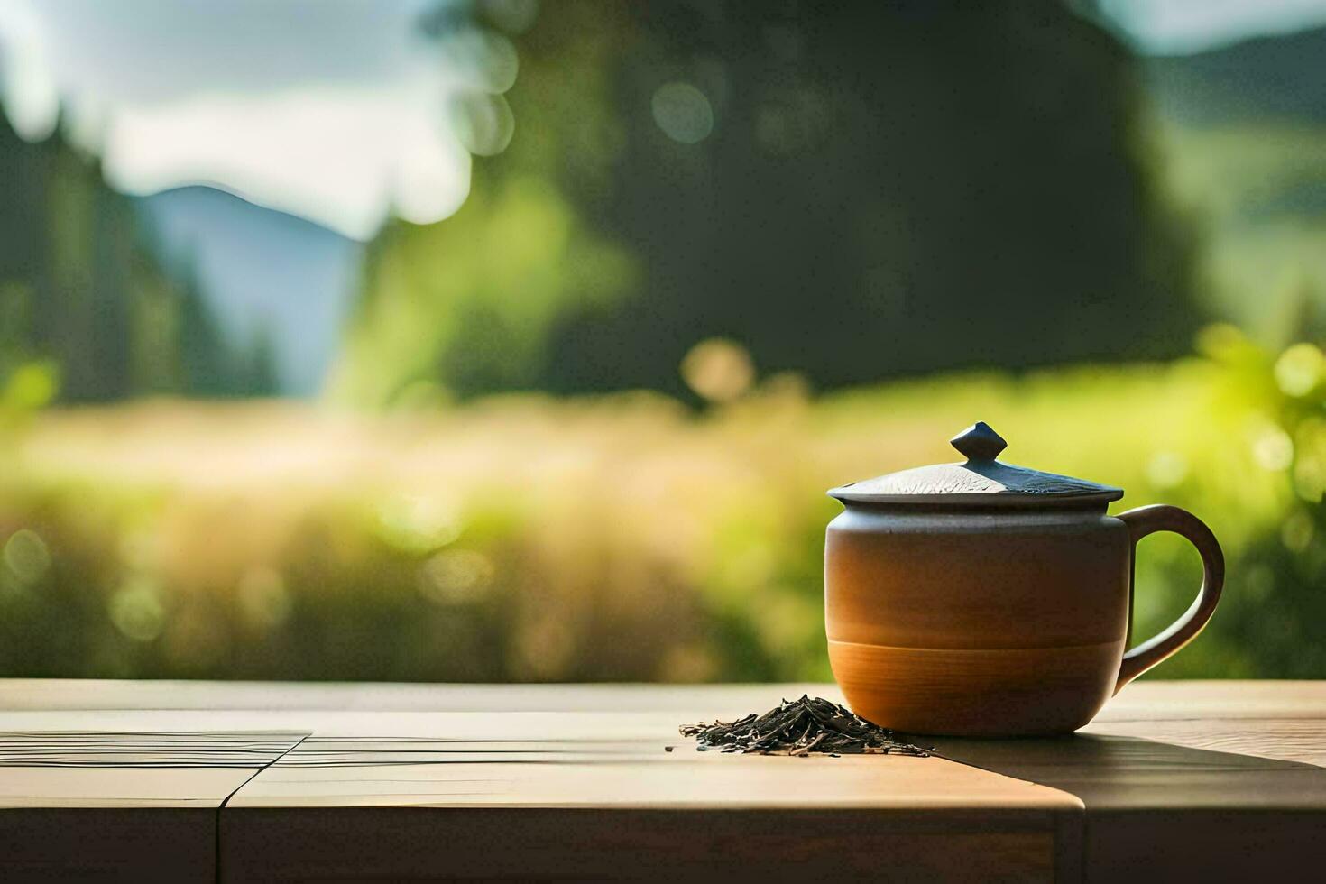 a cup of tea on a table in the mountains. AI-Generated photo