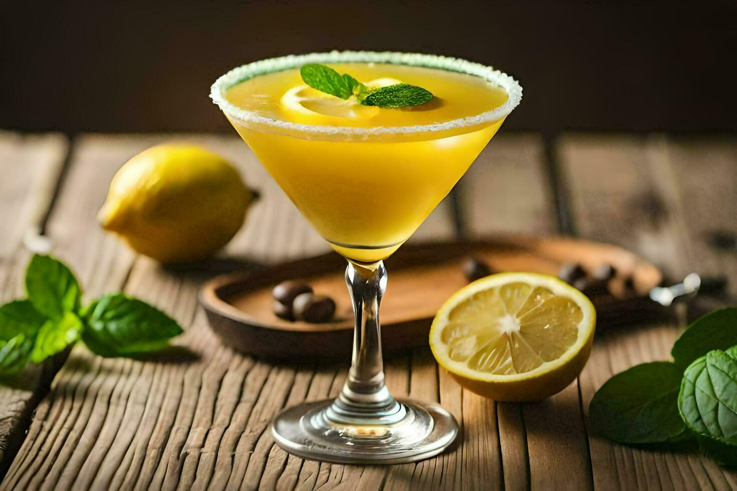 a cocktail with lemon and mint on a wooden table. AI-Generated photo