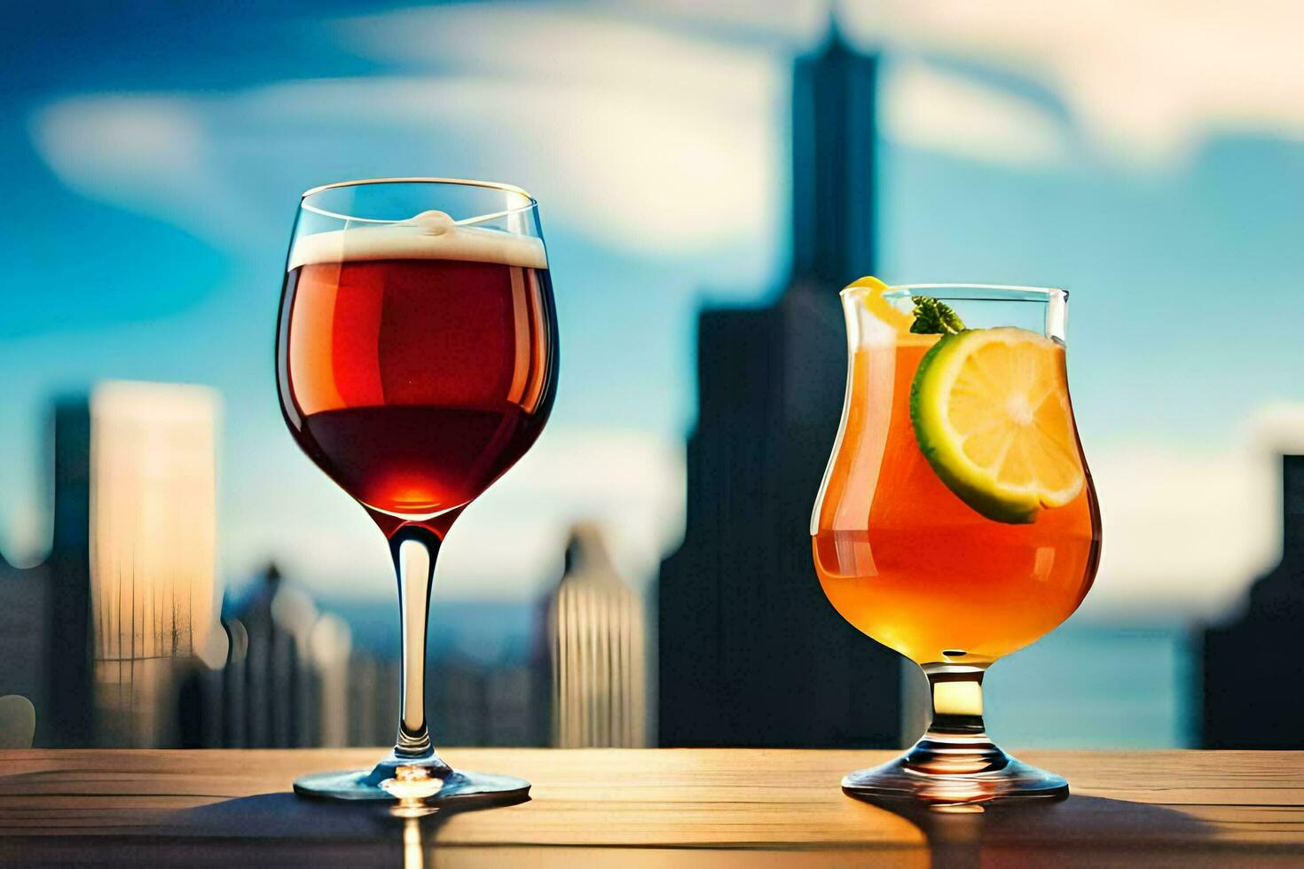 two glasses of alcohol with a city skyline in the background. AI-Generated photo