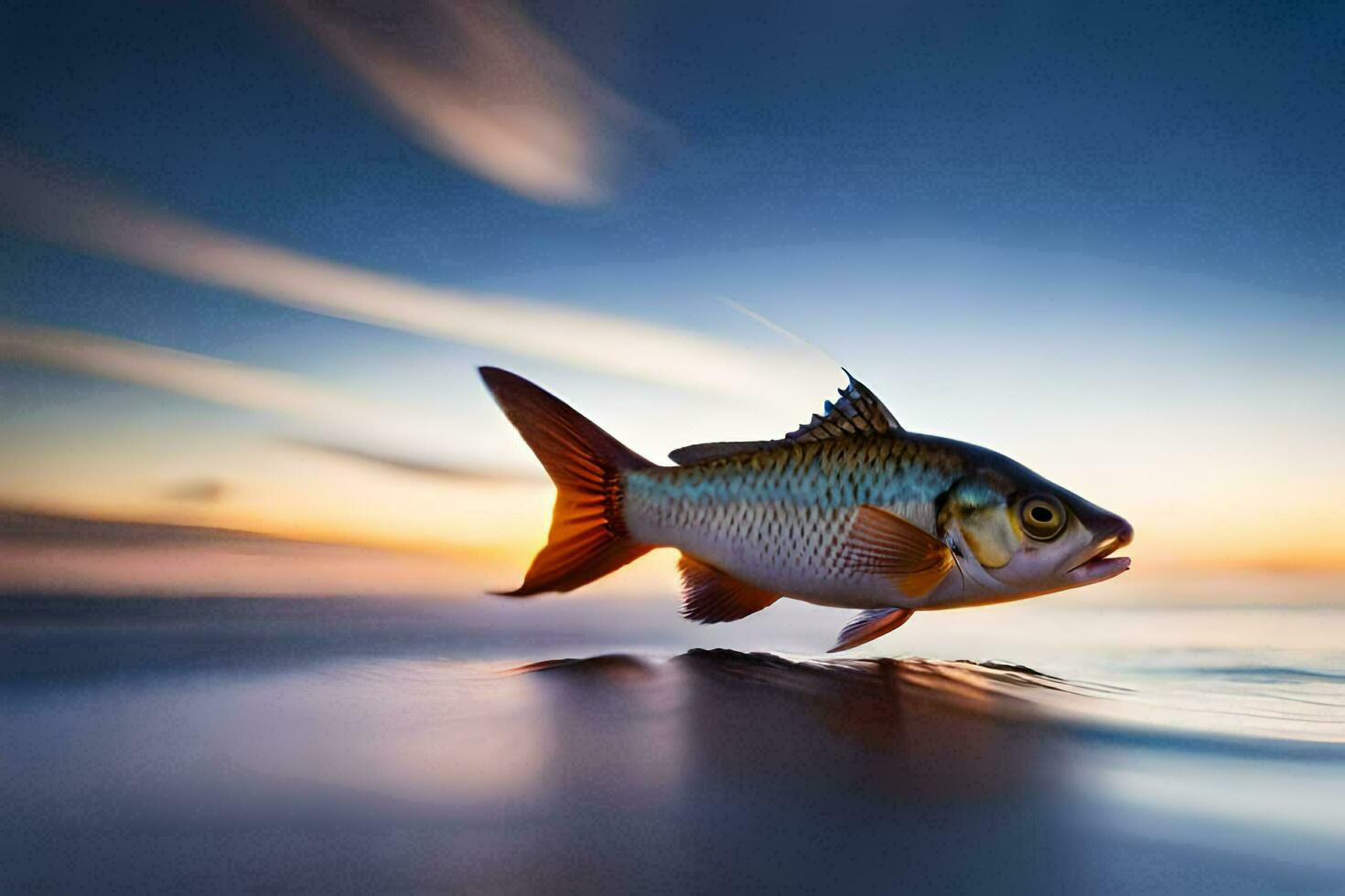 un pescado es saltando fuera de el agua a puesta de sol. generado por ai foto