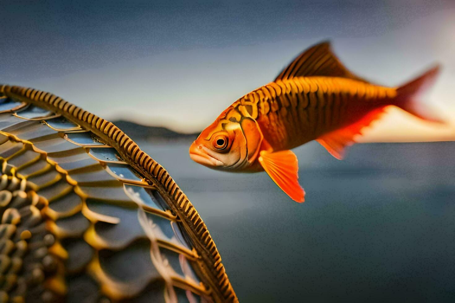 un pescado es visto en el agua con un neto. generado por ai foto
