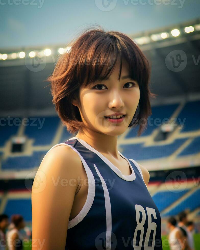 Beautiful smiling asian girl athlete in sports arena AI Generative photo