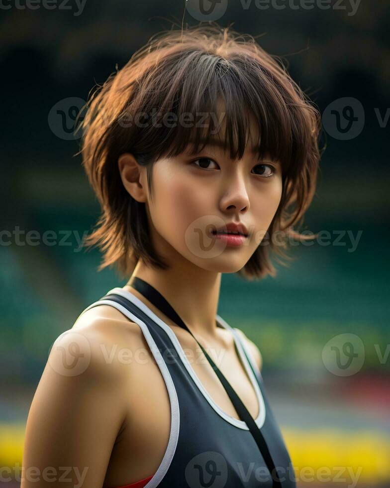 Beautiful smiling asian girl athlete in sports arena AI Generative photo