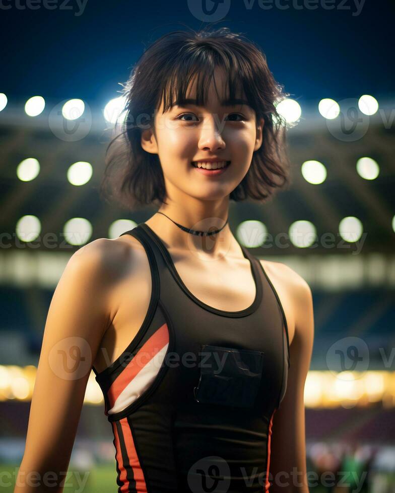 Beautiful smiling asian girl athlete in sports arena AI Generative photo
