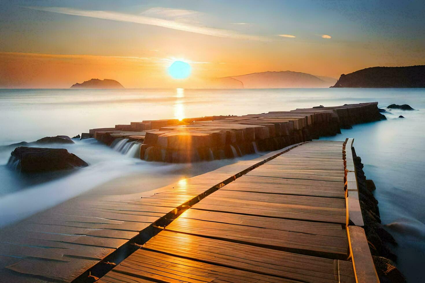 a wooden pier leads to the ocean at sunset. AI-Generated photo